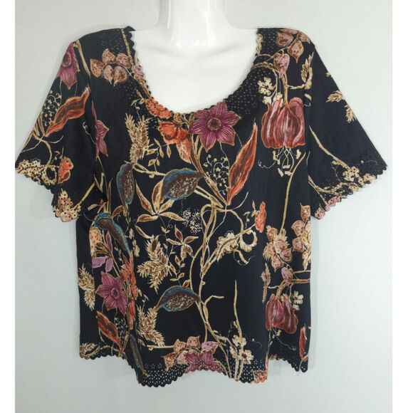 Chances R Floral Blouse - Size XL - Black Laser Cut Trim Short Sleeve Top - Picture 1 of 10